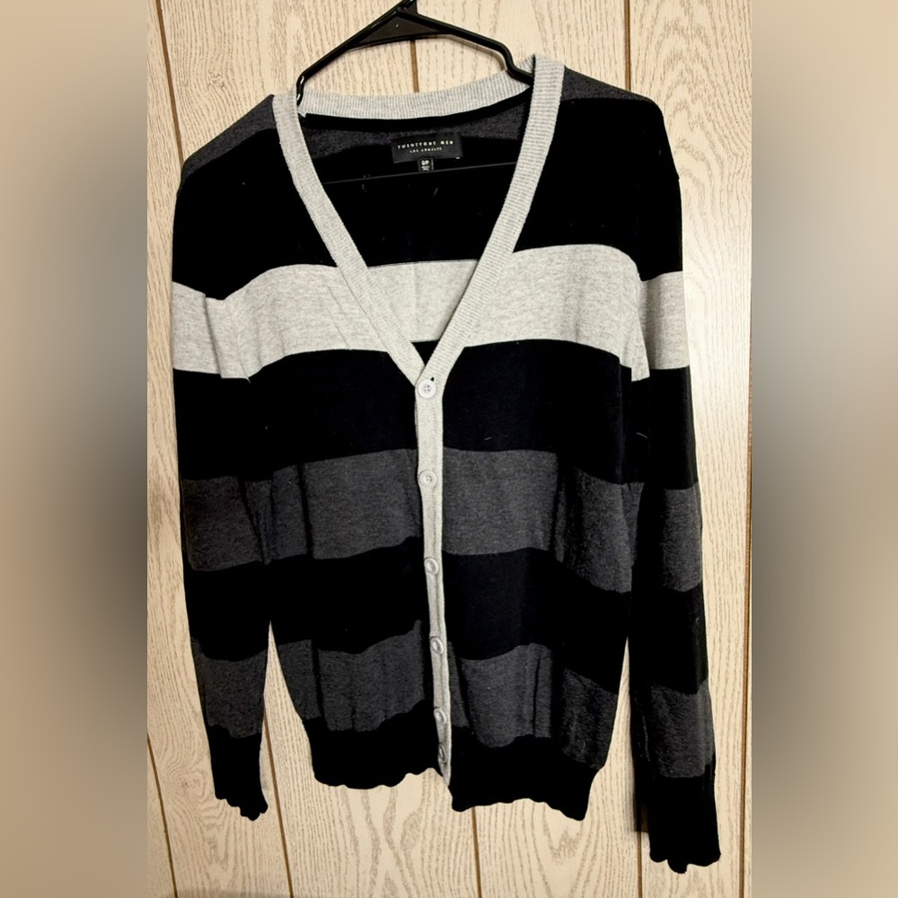 VINTAGE Men's Black and Gray Striped Cardigan